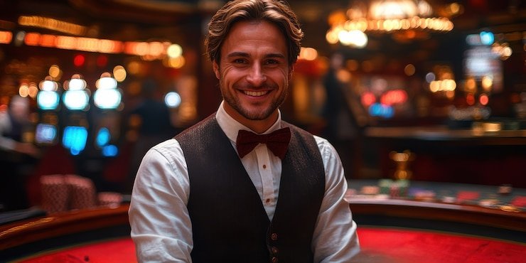 Dealer profesional ug100 sedang memandu sesi Live Casino Baccarat dengan meja hijau dan kartu remi